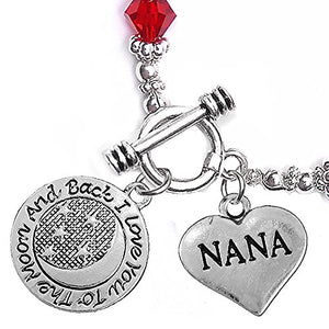 Nana, "I Love You to The Moon & Back", Red Crystal Charm Bracelet, Safe, Nickel Free.