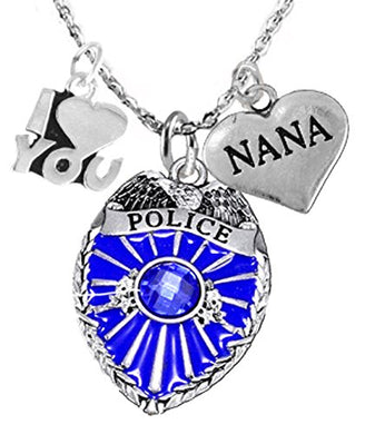 Policeman's Nana Necklace W I Love You Charm, Hypoallergenic, Safe - Nickel & Lead Free