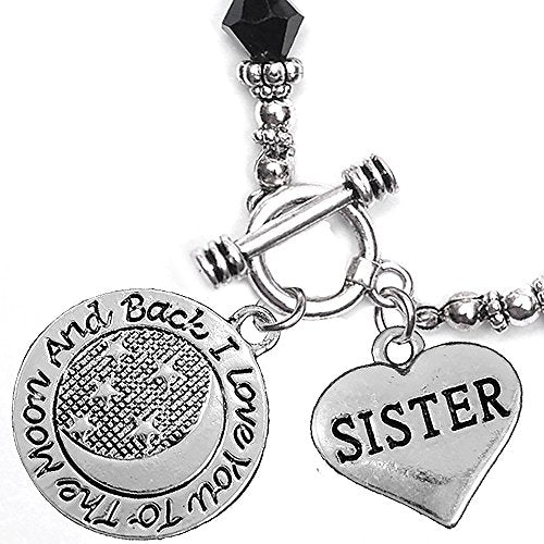 Sister, I Love You to The Moon & Back Jet Crystal Charm Bracelet, Safe, Nickel Free.
