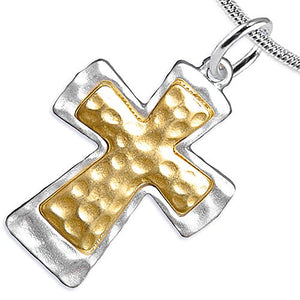 Two-Tone Matte Gold & Silver Christian Cross Necklace, Adjustable, Safe - Nickel & Lead Free