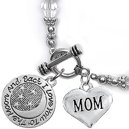 Mom, I Love You to The Moon & Back Clear Crystal Charm Bracelet, Safe, Nickel Free.