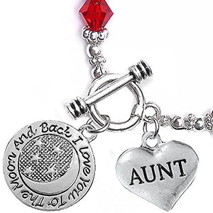 Aunt "I Love You to The Moon & Back", Red Crystal Charm Bracelet, Safe, Nickel Free.