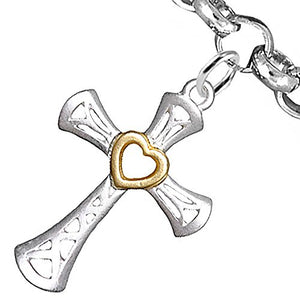 Two-Tone Matte Gold Heart & Silver Cross Bracelet Safe - Nickel & Lead Free
