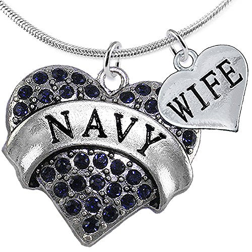 Navy Wife Blue Crystal Heart Necklace, Adjustable, Will NOT Irritate Anyone with Sensitive Skin.
