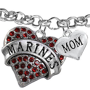 Marine "Mom" Heart Bracelet, Adjustable, Will NOT Irritate Anyone with Sensitive Skin. Nickel Free