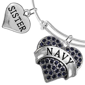 Navy Sister Blue Crystal Heart Bracelet, Adjustable, Will NOT Irritate Anyone with Sensitive Skin.