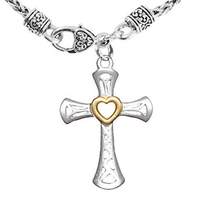 Two-Tone Matte Gold Heart & Silver Cross Necklace Safe - Nickel & Lead Free