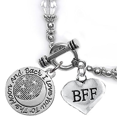 BFF I Love You to The Moon & Back Clear Crystal Charm Bracelet, Safe, Nickel Free.