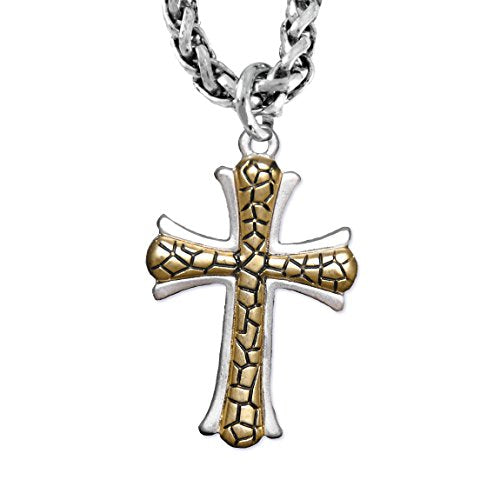 Two-Tone Matte Gold Ikarian Pattern & Silver Cross Necklace Safe - Nickel & Lead Free