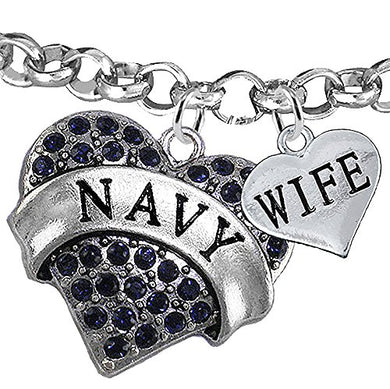 Navy Wife Blue Crystal Heart Bracelet, Adjustable, Will NOT Irritate Anyone with Sensitive Skin.