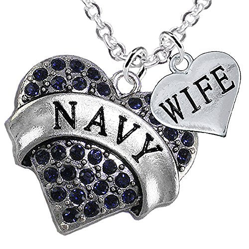 Navy Wife Blue Crystal Heart Necklace, Adjustable, Will NOT Irritate Anyone with Sensitive Skin.