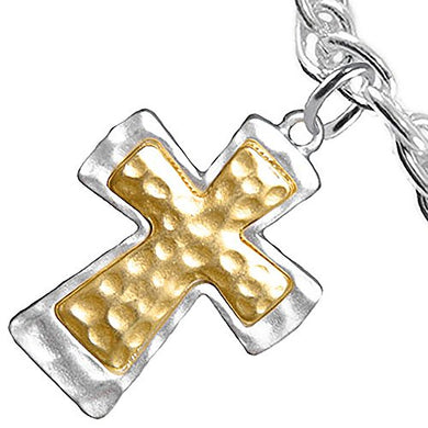 Two-Tone Matte Gold & Silver Christian Cross Bracelet, Adjustable, Safe - Nickel & Lead Free