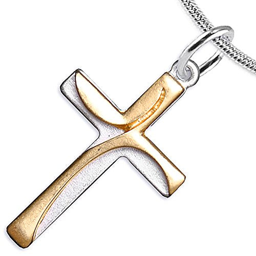 Two-Tone Matte Gold & Silver Contemporary Cross Necklace, Adjustable, Safe - Nickel & Lead Free