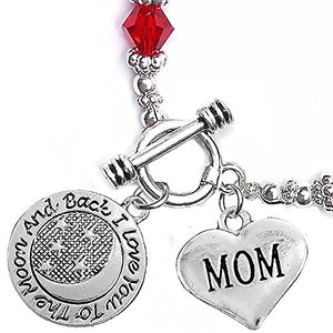 Mom, "I Love You to The Moon & Back", Red Crystal Charm Bracelet, Safe, Nickel Free.