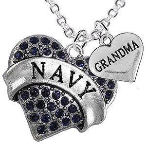 Navy Grandma Blue Crystal Heart Necklace, Adjustable, Will NOT Irritate Anyone with Sensitive Skin.