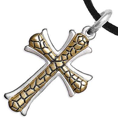 Two-Tone Matte Gold Ikarian Pattern & Silver Cross Adjustable Necklace Safe - Nickel & Lead Free