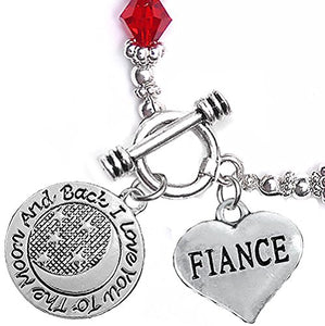 Fiancé "I Love You to The Moon & Back" Red Crystal Charm Bracelet, Safe, Nickel Free.