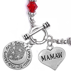 Mamaw, "I Love You to The Moon & Back", Red Crystal Charm Bracelet, Safe, Nickel Free.