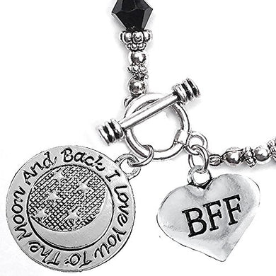BFF I Love You to The Moon & Back Jet Crystal Charm Bracelet, Safe, Nickel Free.