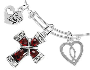 Faith, Hope, Love Christian Crystal Ruby Stone, 3 Charm Adjustable Bracelet - Nickel & Lead Free.