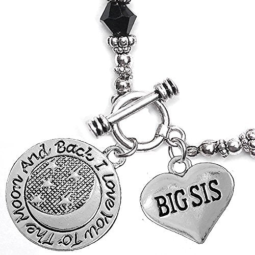 Big Sis, I Love You to The Moon & Back Jet Crystal Charm Bracelet, Safe, Nickel Free.