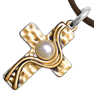 Christian Cross, Two-Tone, Matte Gold & Silver, Faux Pearl Necklace, Adjustable - Nickel & Lead Free