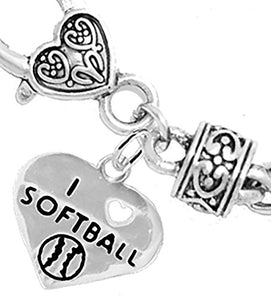 I Love Softball Heart Bracelet ©2016 Hypoallergenic, Safe - Nickel, Lead & Cadmium Free!