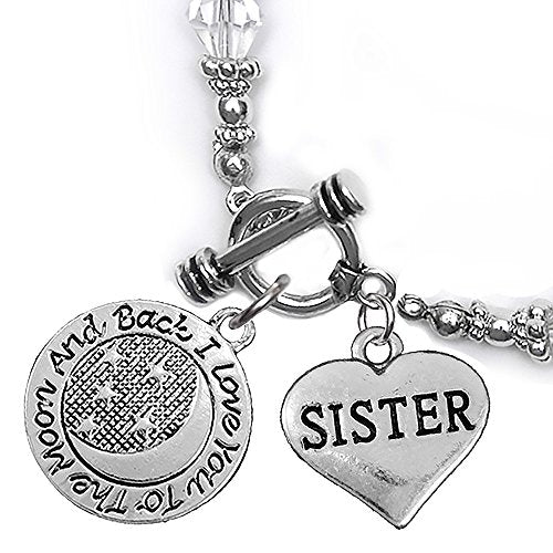 Sister, I Love You to The Moon & Back Clear Crystal Charm Bracelet, Safe, Nickel Free.