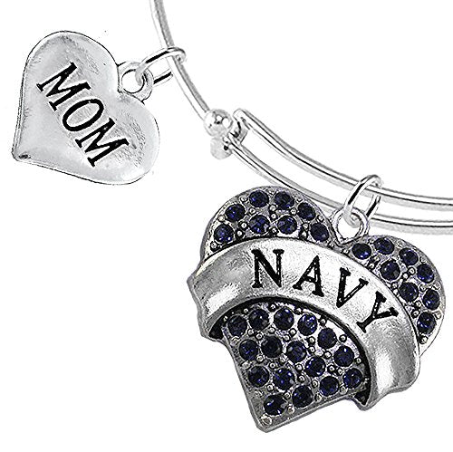 Navy Mom Blue Crystal Heart Bracelet, Will NOT Irritate Anyone with Sensitive Skin. Nickel Free