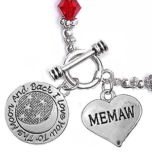 Memaw, "I Love You to The Moon & Back", Red Crystal Charm Bracelet, Safe, Nickel Free.
