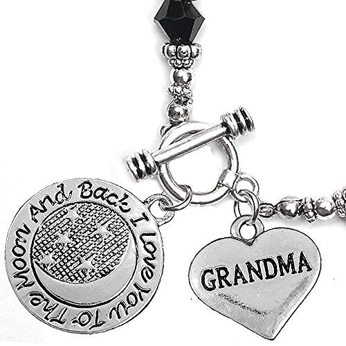 Grandma, I Love You to The Moon & Back Jet Crystal Charm Bracelet, Safe, Nickel Free.