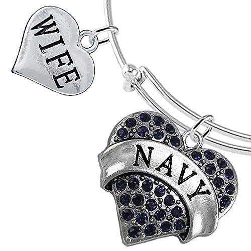 Navy Wife Blue Crystal Heart Bracelet, Adjustable, Will NOT Irritate Anyone with Sensitive Skin.