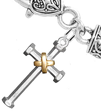 Two-Tone Matte Gold & Silver Christian Cross Bracelet Safe - Nickel & Lead Free