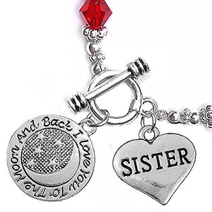 Sister, "I Love You to The Moon & Back", Red Crystal Charm Bracelet, Safe, Nickel Free.