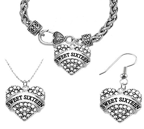 Sweet Sixteen Necklace, Earring, Bracelet Set, Hypoallergenic, Safe - Nickel & Lead Free.