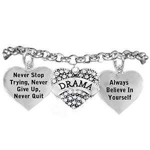 Perfect Gift Theater Drama Crystal Bracelet "Drama", "Never Give Up" Adjustable, Nickel & Lead Free