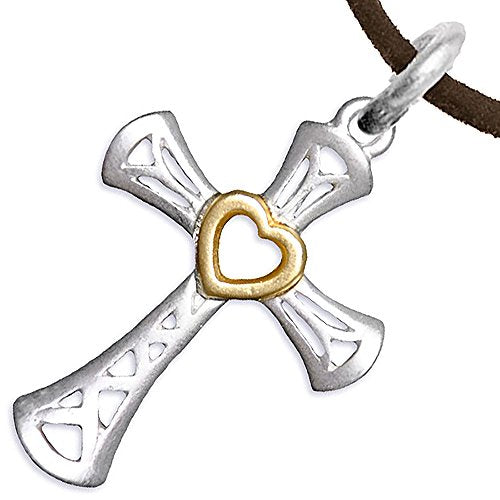 Two-Tone Matte Gold Heart & Silver Cross Adjustable Necklace Safe - Nickel & Lead Free