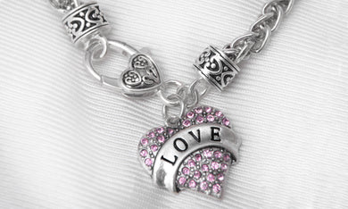 LOVE Pink Crystal Heart Charm on Silver Tone Heart-Sharped Lobster Clasp Bracelet