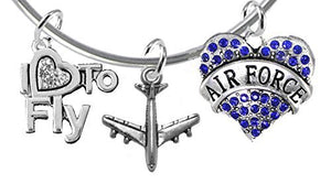 Air Force" "I Love to Fly" Genuine Crystal, Air Force Charm & Jet Plane, Adjustable Wire Bracelet