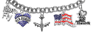 Air Force, 5 Charm Bracelet, I Love My Airman, "I Love to Fly", Jet, Flag & Heart, Adjustable