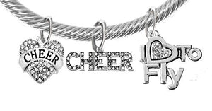 Cheer Crystal Heart, Crystal "I Love to Fly", Crystal Cheer Banner, Genuine Cable Charm Bracelet
