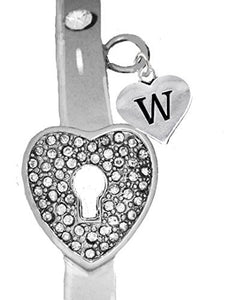 It Really Locks! The Key to My Heart, "Initial W", Cuff Crystal Bracelet - Safe, Nickel & Lead Free
