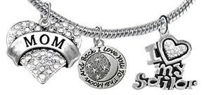 Navy "Mom", "I Love You to The Moon & Back", Crystal I Love My Sailor Charm, Snake Chain Bracelet