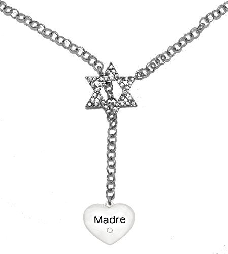 Jewish Madre Heart with Crystal Stone, on Star of David, Rolo Chain Necklace, Safe