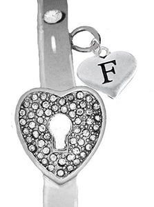 It Really Locks! The Key to My Heart, "Initial F", Cuff Crystal Bracelet - Safe, Nickel & Lead Free