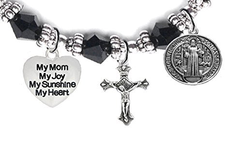 Saint Benedict Charm, My Mom, My Joy, My Sunshine, My Heart, And Prayer Black Crystal Bracelet