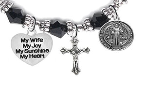 Saint Benedict Protective Charm, My Wife, My Joy, My Sunshine Heart & Prayer Black Crystal Bracelet