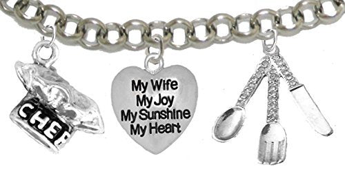 Cooking Jewelry, My Wife, My Joy, My Sunshine, My Heart, Chef Hat, Silverware, Adjustable Bracelet