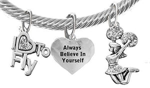Cheer, Always Believe in Yourself, "I Love to Fly", Jumping Cheerleader Genuine Cable Charm Bracelet