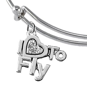 I Love to Fly, Hypoallergenic Genuine Crystal, Adjustable Miracle Wire Charm Bracelet, Nickel Free